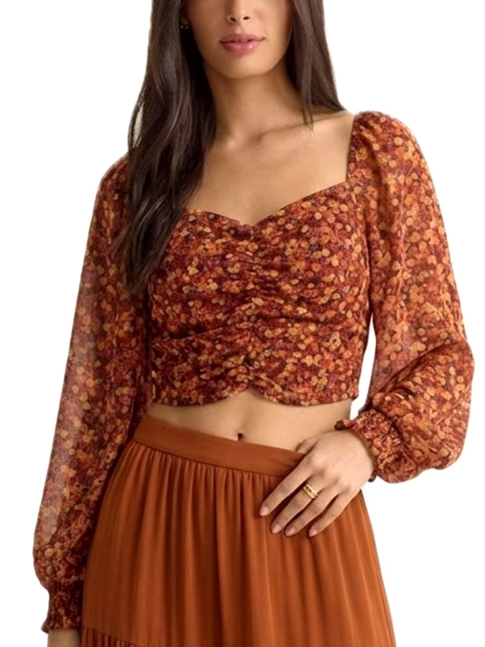 BB Dakota Steve Madden Sheer Floral Cropped Milkmaid Blouse Size M Long Sleeve